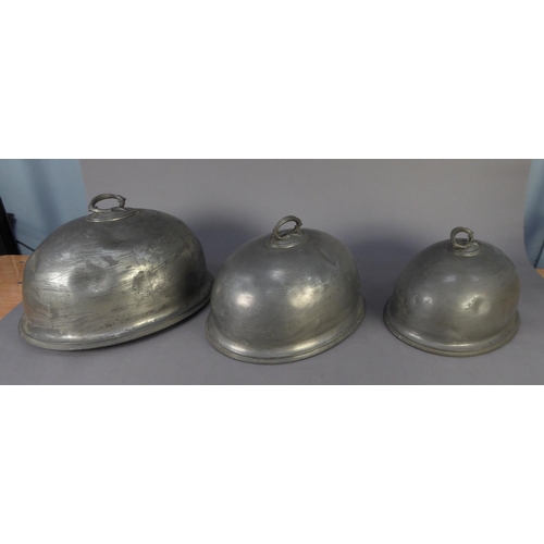 261 - GRADUATED SET OF THREE ELECTROPLATED BASE METAL MEAT DOMES BY JAMES DIXON & SONS, each of oval f... 