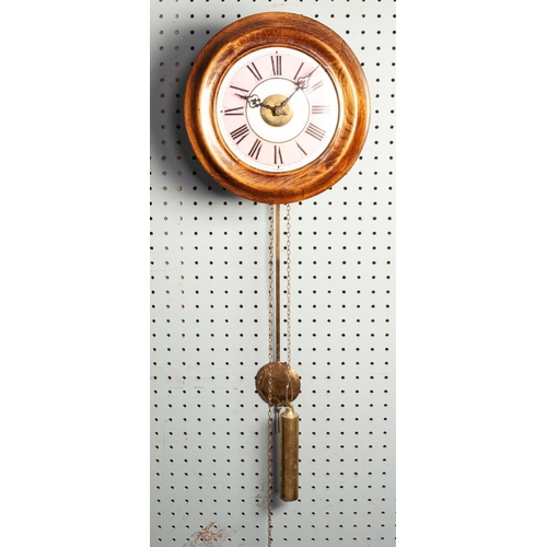 264 - STAINED FRUITWOOD POSTMAN’S ALARM WALL CLOCK, circa 1900, of typical form with enamelled Roman dial ... 