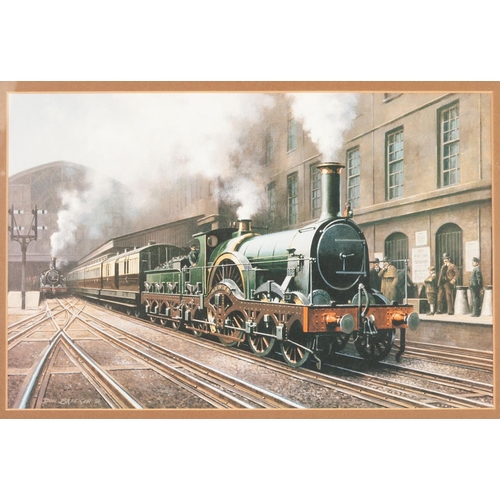 99 - AFTER DON BRECKON FRAMED COLOUR PRINT, STEAM LOCOMOTIVE 'ROVER AT A STATION', 10 1/2