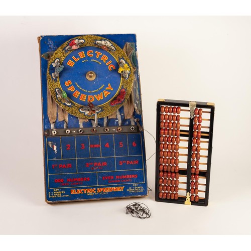 157 - ELECTRIC SPEEDWAY GAME BY B.G.L., LONDON, CIRCA 1930s, paper clad wood base with battery powered tur... 