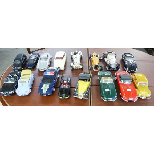 149 - SIXTEEN APPROXIMATELY 1:18 SCALE DIE CAST MODELS OF CLASSIC CARS, makers include Polistil, Morgan Pl... 