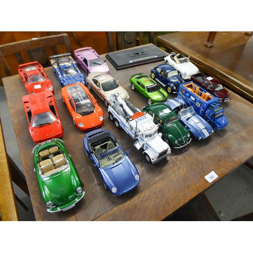 153 - SIXTEEN APPROXIMATELY 1:18 SCALE DIE CAST MODELS OF MODERN SPORTS AND OTHER VEHICLES, includes Motor... 