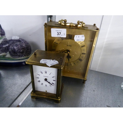 ACCTIM BRASS MANTEL CLOCK WITH BATTERY MOVEMENT AND BAYARD, FRENCH MODERN 8  DAY BRASS AND GLASS CARR
