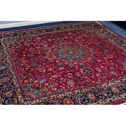 6 - MESHED PERSIAN CARPET with floral and petal shaped circular centre medallion with pendants and match... 