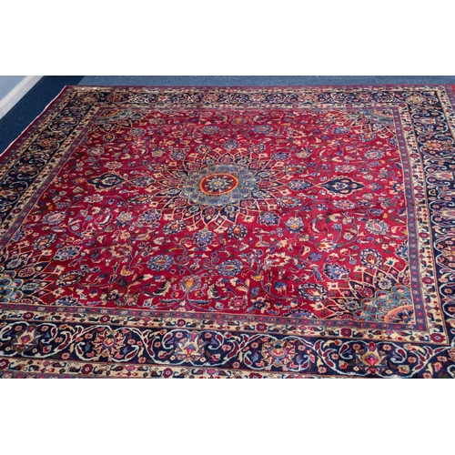 6 - MESHED PERSIAN CARPET with floral and petal shaped circular centre medallion with pendants and match... 