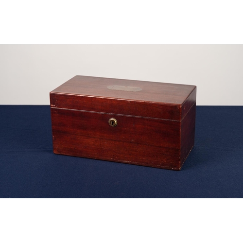 43 - VICTORIAN PLAIN MAHOGANY TEA CADDY with sunk brass carrying handles (mixing bowl absent) 13