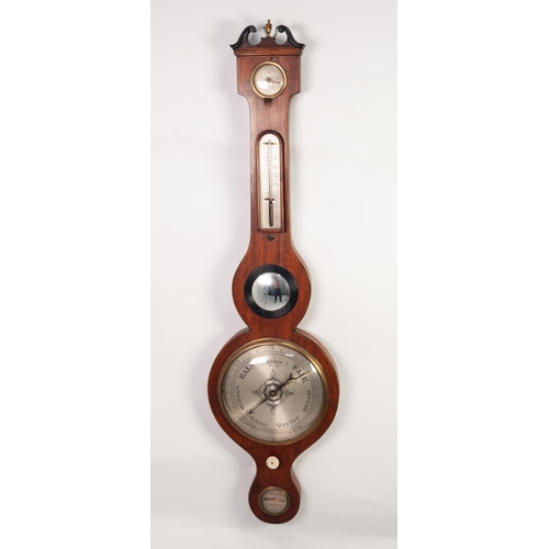 39 - NINETEENTH CENTURY LINE INLAID MAHOGANY MERCURY WHEEL BAROMETER, unsigned, the 8” silver dial set be... 