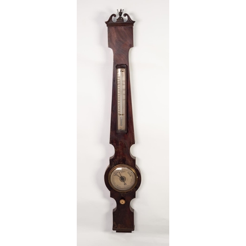 40 - EARLY NINETEENTH CENTURY FIGURED MAHOGANY MERCURY BAROMETER, unsigned, the 5” dial set beneath a mer... 