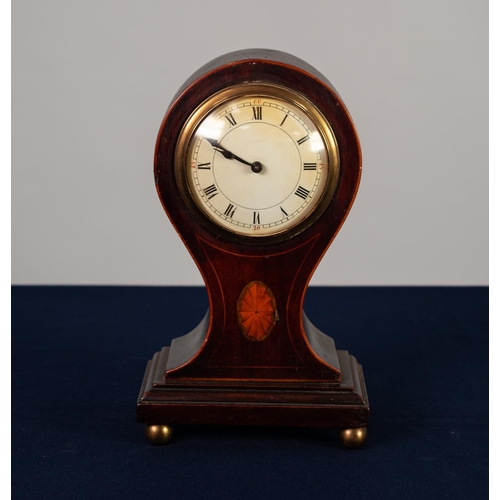 28 - EDWARDIAN LINE INLAID MAHOGANY BALLOON SHAPED MANTLE CLOCK, with 3 ¼” Roman dial, drum shaped key wi... 