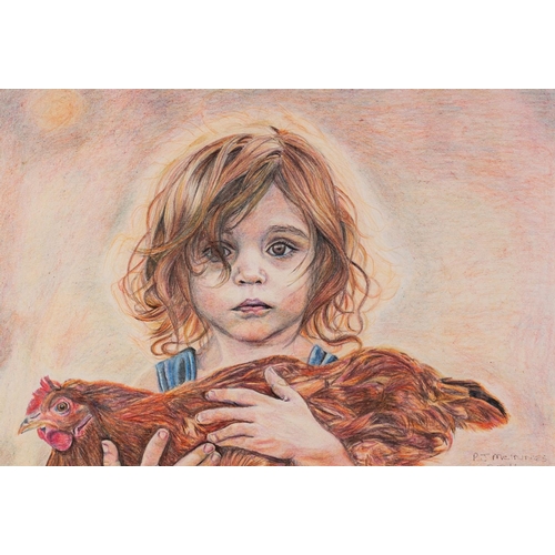 224 - PAT MCINNES (TWENTIETH/ TWENTY FIRST CENTURY) COLOURED PASTEL/ CRAYON Young girl carrying a hen Sign... 