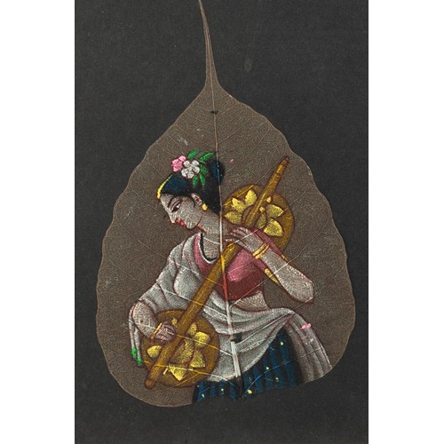 274 - SET OF SEVEN MODERN INDIAN GOUACHE LEAF PAINTINGS, figural subjects on pear shaped dried leaves, 8” ... 