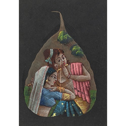 274 - SET OF SEVEN MODERN INDIAN GOUACHE LEAF PAINTINGS, figural subjects on pear shaped dried leaves, 8” ... 