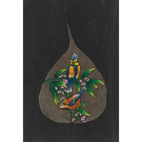 275 - SET OF SIX MODERN INDIAN GOUACHE LEAF PAINTINGS, exotic birds and flowers, on pear shaped leaves, 6 ... 