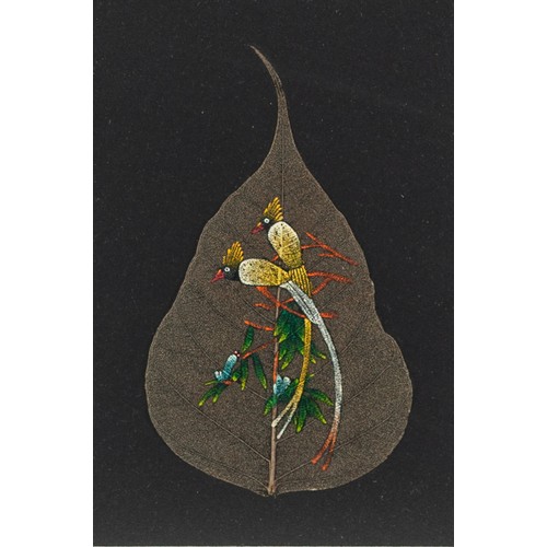 275 - SET OF SIX MODERN INDIAN GOUACHE LEAF PAINTINGS, exotic birds and flowers, on pear shaped leaves, 6 ... 