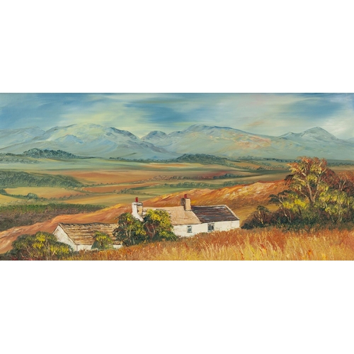 278 - JILL MICKLE (MODERN) OIL ON BOARD Landscape with dwelling in the foreground and hills in the distanc... 