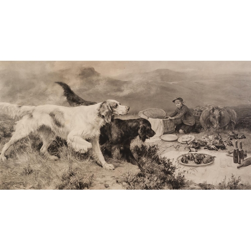 114 - AFTER ALFRED W. STRUT (1856-1924) ARTIST SIGNED PHOTOGRAVURE OF GUN-DOGS, a young boy and a horse wi... 