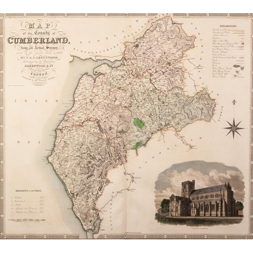 106 - GREENWOOD & Co HAND COLOURED COUNTY MAP OF CUMBERLAND, 1821-1822, with view of ‘Carlisle cathedr... 