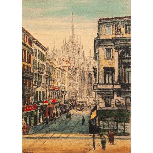 154 - BELA SZIKLAY (Hungarian 1878 - 1949) PAIR OF ARTIST SIGNED HAND-COLOURED ETCHINGS Venice and Milan S... 