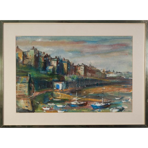 174 - ROBERT BINDLOSS (1939) GOUACHE DRAWING Harbour scene with moored small boats14 1/2in x 22 1/2in (37 ... 