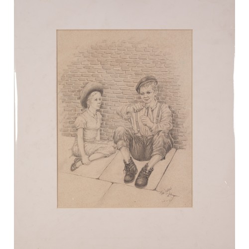 182 - TOM DODSON (1910 - 1991) PENCIL DRAWING Urchin boy sitting on the pavement whittling, young girl wat... 