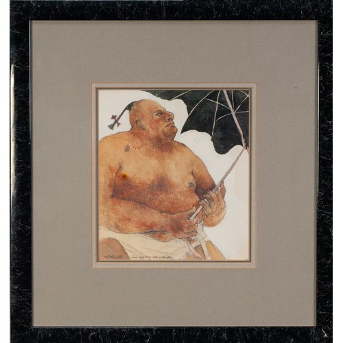 201 - G WALKER PENCIL AND WATERCOLOUR Sumo Wrestling with Umbrella Signed and titled in pencil 7 1/2in x 6... 