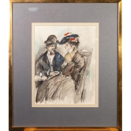 268 - LATE NINETEENTH CENTURY CONTINENTAL SCHOOLMIXED MEDIA Man and a woman seated at a café tableIndistin... 