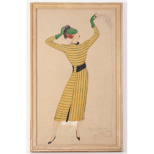 271 - PHILLIS STROUDLEY (EARLY TWENTIETH CENTURY) WATERCOLOUR DRAWING, heightened Fashion design-Art Deco ... 