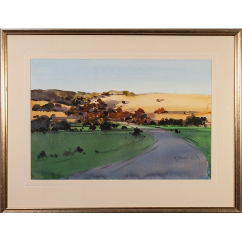 273 - AMANDA HYATT (TWENTIETH/ TWENTY FIRST CENTURY) WATERCOLOUR Landscape with hills in the distance Sign... 