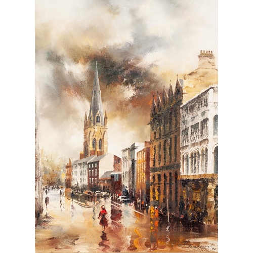 284 - ED DEVENPORT (MODERN) OIL ON BOARD Street scene with figures and church Signed and dated (19)80 23 ¼... 