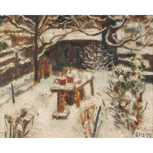 286 - WILLIAM HALLE (1912-1998) OIL ON BOARD Garden in Winter Signed and dated 31.2.79 9 ½” x 11 ½” (24.1c... 