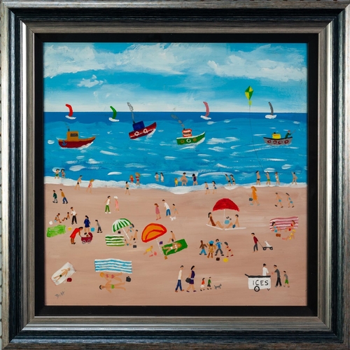 295 - VINCENT DOTT (MODERN) OIL ON BOARD ‘Happy Days’ Signed, titled verso 15 ½” x 15 ½” (39.4cm x 39.4cm)... 