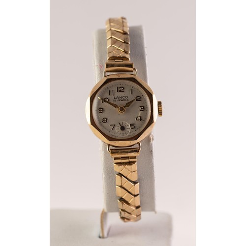 14 - LADY'S LANCO 9ct GOLD CASED SWISS WRISTWATCH wiht 15 jewels movement, white arabic dial, with subsid...