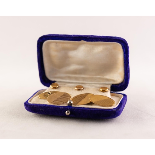 98 - SET OF THREE 9ct GOLD DRESS STUDS, in fitted case, Chester 1930 and a PAIR OF 9ct GOLD DOUBLE OVAL C... 