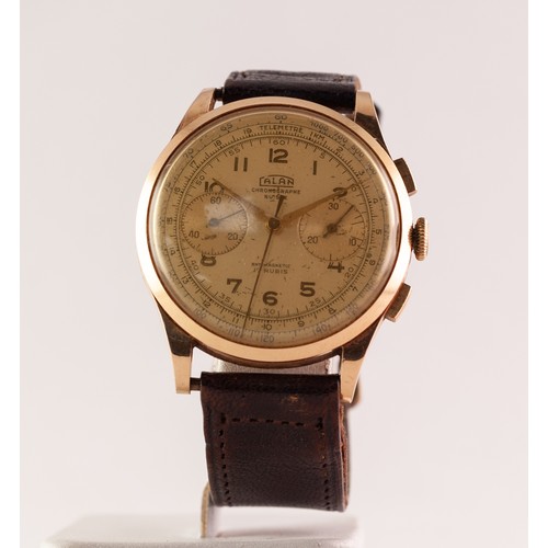 40 - GENT'S CALAN SWISS 18K GOLD CHRONOGRAPH WRISTWATCH with 17 jewels movement, gold coloured circular a... 