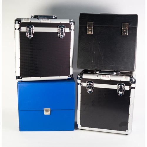 21 - Two metal flight cases DJ boxes for vinyl records, with two traditional storage boxes, one lacking h... 