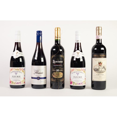 114 - FIVE MIXED 75cl BOTTLES OF RED WINE: GEORGES DUBOEUF, FLEURIE, 2013 (x2) ALDI, FLEURIE, 2014 COLLEZI... 