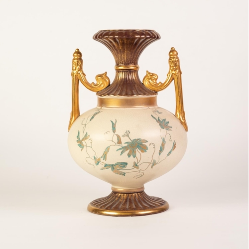 218 - A LATE VICTORIAN  CHARLES BARLOW POTTERY TWO HANDLED PEDESTAL VASE, the swollen body printed with a ... 