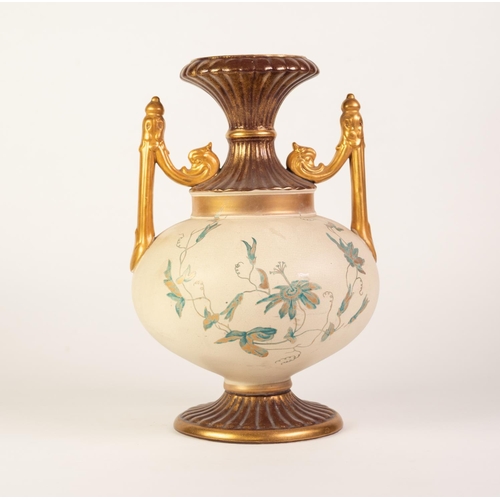218 - A LATE VICTORIAN  CHARLES BARLOW POTTERY TWO HANDLED PEDESTAL VASE, the swollen body printed with a ... 