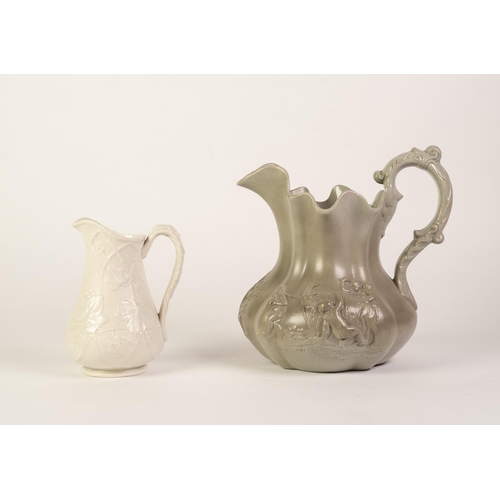 216 - A VICTORIAN STAFFORDSHIRE MOULDED GREY POTTERY JUG, in relief with two opposing Bacchanalian vignett... 