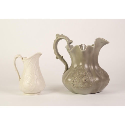 216 - A VICTORIAN STAFFORDSHIRE MOULDED GREY POTTERY JUG, in relief with two opposing Bacchanalian vignett... 