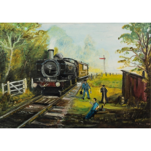 10 - TOM BROWN (1933-2017) OIL ON BOARD Steam locomotive and crew Signed 19” x 26 ½” (48.2cm x 67.3cm)... 