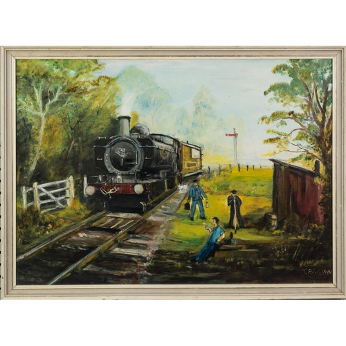 10 - TOM BROWN (1933-2017) OIL ON BOARD Steam locomotive and crew Signed 19” x 26 ½” (48.2cm x 67.3cm)... 