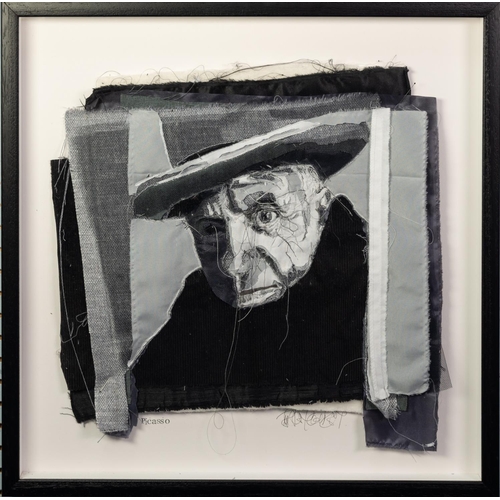 16 - TRACEY COVERLEY (b.1970)FABRIC AND THREAD PORTRAIT ‘Picasso’ Signed and titled Framed and glazed 22”... 