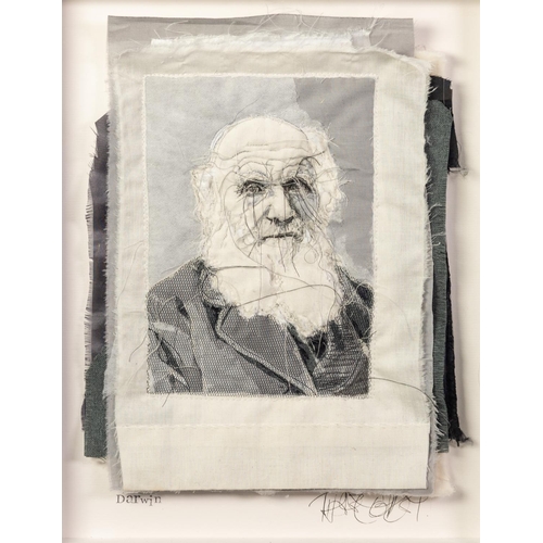 18 - TRACEY COVERLEY (b.1970) FABRIC AND THREAD PORTRAIT‘Darwin’ Signed and titled Framed and glazed 16” ... 