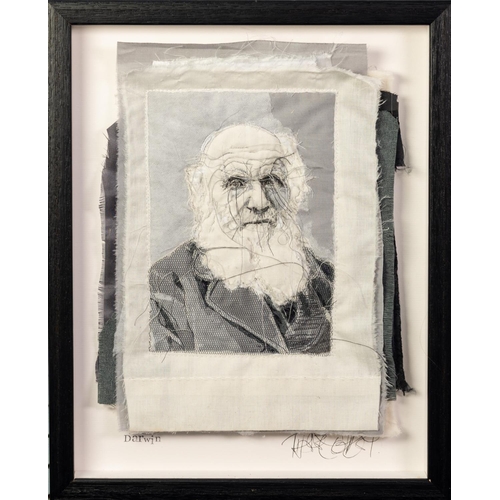 18 - TRACEY COVERLEY (b.1970) FABRIC AND THREAD PORTRAIT‘Darwin’ Signed and titled Framed and glazed 16” ... 