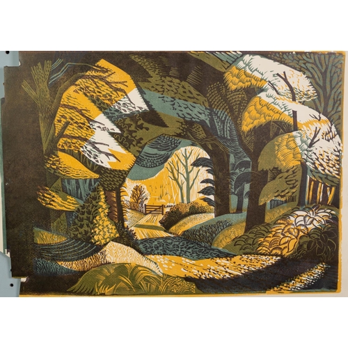 63 - NORMAN JAQUES (1922-2014) TWO UNSIGNED AND UNTITLED COLOUR PRINTS Woodland Path Moonlight Both 16” x... 