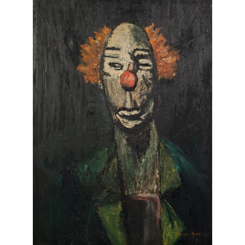 1 - TREVOR AINSLEY (TWENTIETH CENTURY) OIL ON BOARD Bust length portrait of a clown Signed and dated (19... 