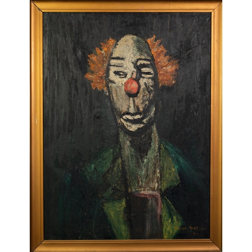 1 - TREVOR AINSLEY (TWENTIETH CENTURY) OIL ON BOARD Bust length portrait of a clown Signed and dated (19... 