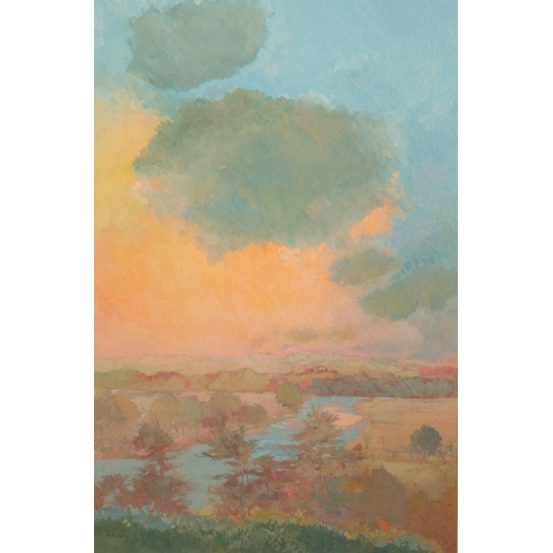 46 - IRENE HALLIDAY (b.1931) GOUACHE DRAWING Sunset over a river landscape Signed 29” x 19” (73.7cm x 48.... 