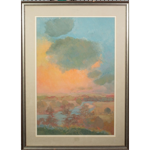 46 - IRENE HALLIDAY (b.1931) GOUACHE DRAWING Sunset over a river landscape Signed 29” x 19” (73.7cm x 48.... 